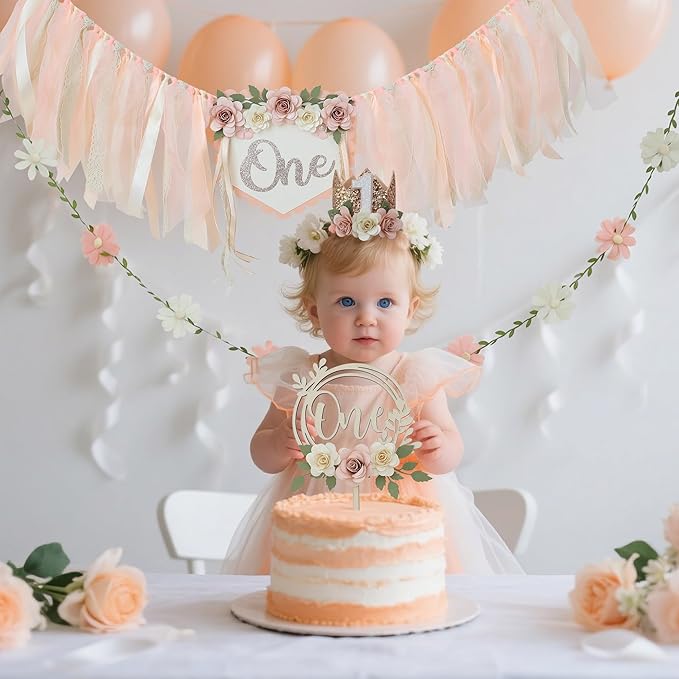 Wildflower 1st High Chair Banner Birthday Party Decorations for Girl Light Pink One Flower Cake Topper 1st Birthday Decorations Supplies