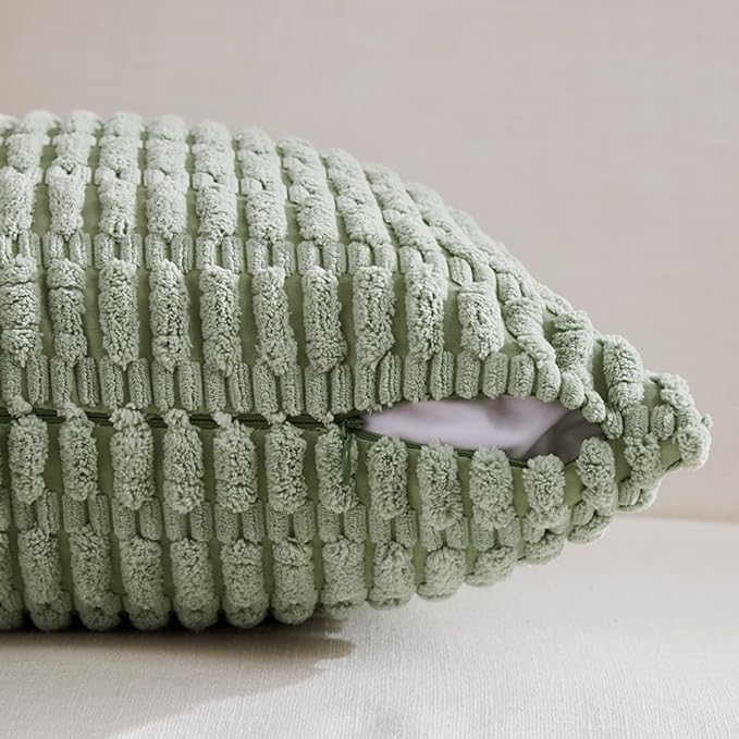 Fancy Homi 2 Packs Sage Green Lumbar Decorative Throw Pillow Covers 14x24 Inch for Living Room Couch Bed Sofa, Rustic Farmhouse Boho Home Decor, Soft Striped Corduroy Rectangle Cushion Case 35x60 cm