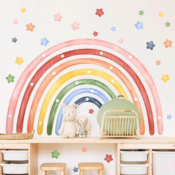 Tanlaby 56" X 43" Large Rainbow Wall Stickers Watercolor Stars Wall Decals Peel and Stick Colorful Art Decor for Baby Nursery Girls Bedroom Kids Playroom Daycare Classroom