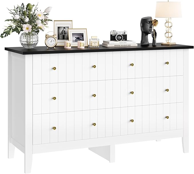 FOTOSOK White Dresser, Chest of Drawers, Modern 6 Drawer Double Dressers with Deep Drawers, Nursery Dresser for Baby, Wide Storage Organizer Cabinet for Living Room, Hallway, White&Black