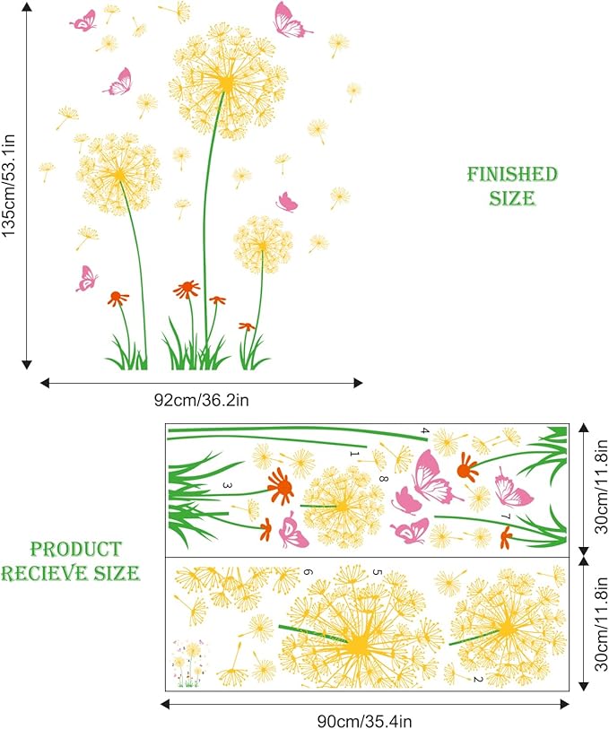 2 Sheets Dandelion Wildflower Wall Decals Art, Wall Art Stickers Peel and Stick Floral Butterflies Flying Decor for Girls Kids Women Baby Nursery Room Bedroom Bathroom Hallway Stairwell (Yellow)