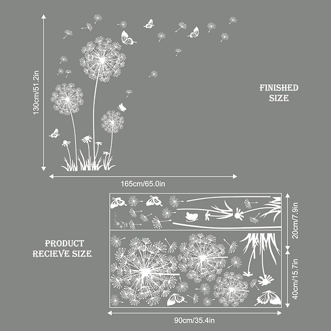 2 Sheets Dandelion Wildflower Wall Decals Art, Wall Stickers Peel and Stick Floral Butterflies Flying Decor for Girls Kids Women Baby Nursery Living Room Bedroom Bathroom Hallway Stairwell (White)