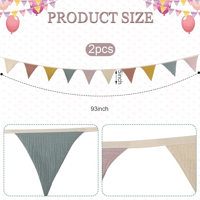 Oudain 15.5 ft Pennant Banner Flags, 2 Pcs Nursery Garland Triangle Bunting Flag Baby Banner for Nursery Decor Baby Birthday Boho Wedding Shower Party Event, Each 7.75 ft(Rainbow Color)