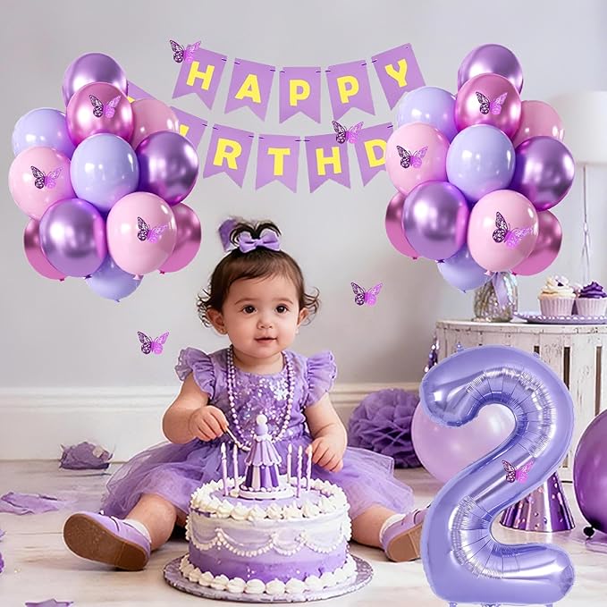 2nd Birthday Decorations for Girl -12 inch Purple Pink Balloons, 40 Inch Purple 2 Balloon,3D Butterflies Stickers, Happy Birthday Banner for Baby Girl 2 Year Old BD Party Decorations
