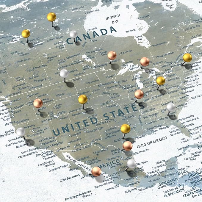 ElephantStock - Home With You II Push Pin World Map Wall Art - Horizontal Canvas Wall Art - Living Room Wall Decor - Digital Art Map Canvas Art - Blue And Gray Decor - 48" x 32"