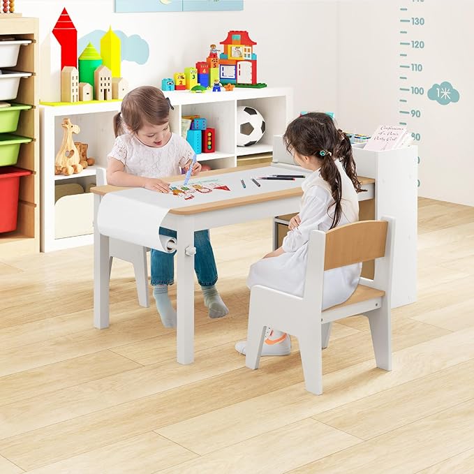 Costzon Kids Table and Chairs, 3 in 1 Wooden Art Drawing Table with 2 Chairs, 4 Fabric Bins, Multiple Open Storage Compartments & a Paper Roll, Toddler Table and Chair Set (Natural)