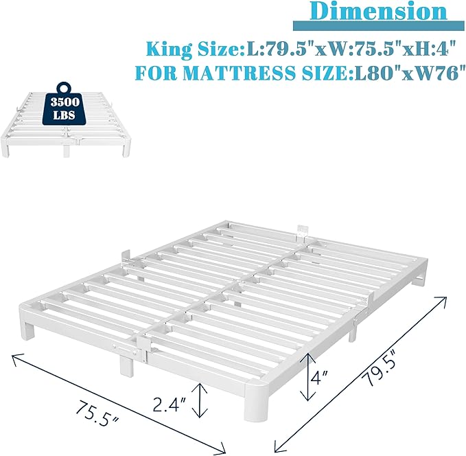 King Size Bed Frame 4 Inch White, Metal King Bed Frame with Baffles, No Box Spring Needed, Heavy Duty Steel Platform Support, Rounded Corner Legs, Noise Free, Easy Assembly