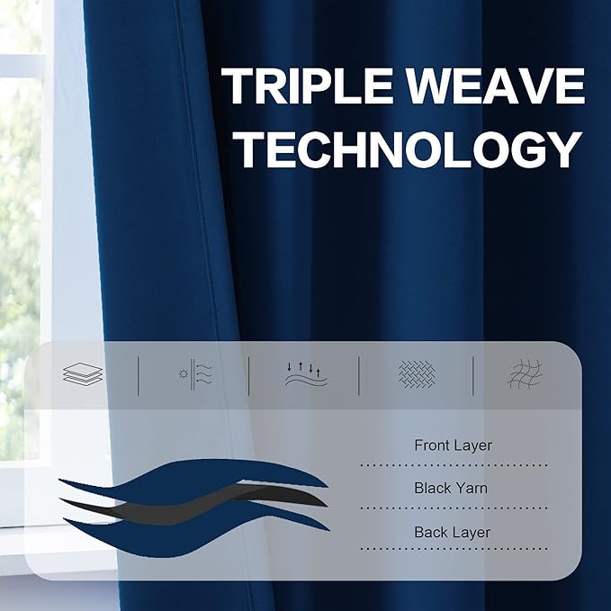 DUALIFE Blackout Curtains Thermal Insulated Blackout Drapes Window Treatment Panels Room Darkening Bedroom Draperies for Living Room Back Tab/Rod Pocket, Navy Blue, W52 x L120, 2 Panels