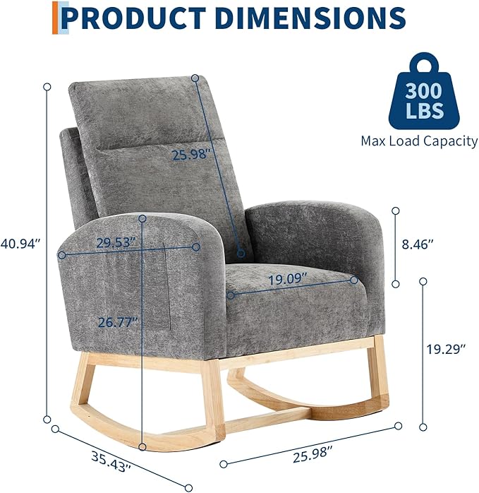 Rocking Chair Nursery, Modern Upholstered Glider Rocker with Side Pocket, Upholstered Lounge Chair with Solid Wood Base for Relaxin, for Living Room, Bedroom