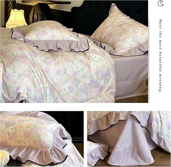HighBuy Purple Floral Duvet Cover Twin XL Brushed Cotton,Ruffle Design 3 Piece Natural Cotton Soft Bedding Comforter Cover Set for Teen College Vintage Coquette Bedding Breathable
