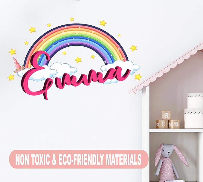 Custom Name Rainbow Wall Decal for Girls - Personalized Name Stars Clouds Sticker - Rainbow Wall Decal - Cute Unicorn Sticker for Kids Decor- Removable Vinyl for Nursery Decor (Tiny Wide 8"x5" Height)