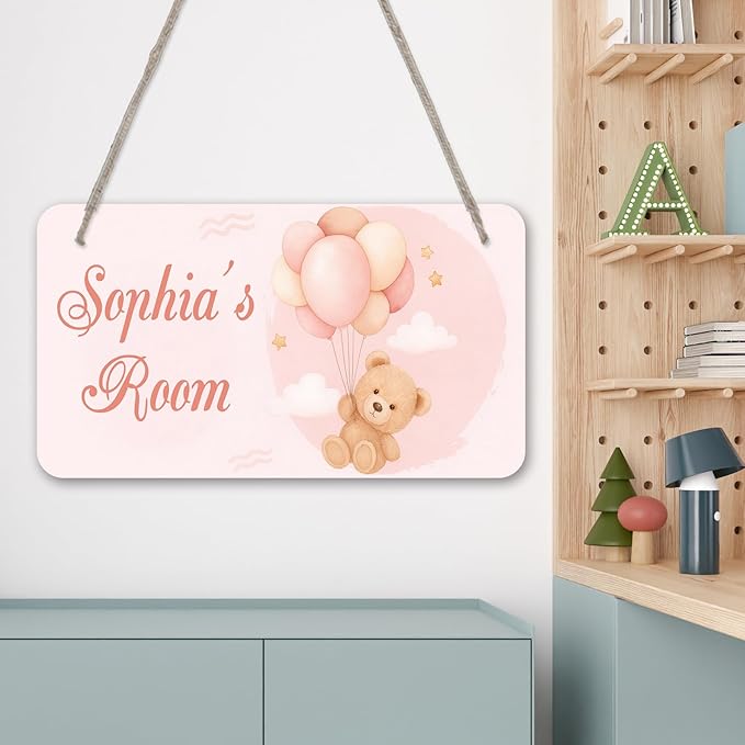 Pink Bear Design Personalized Room Door Sign Custom Name Signs Kids Girls Bedroom Decor Nursery Dorm Farmhouse Baby Room Wood Hanger Toddler Art Wall Plaque 12x6 Inches