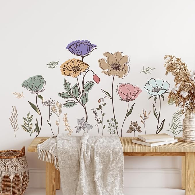 Boho Flower Wall Decal Floral Plant Grass Wall Sticker Colorful Wildflower Wall Decals Peel and Stick Daisy Flower Wall Sticker for Bedroom Nursery Decor