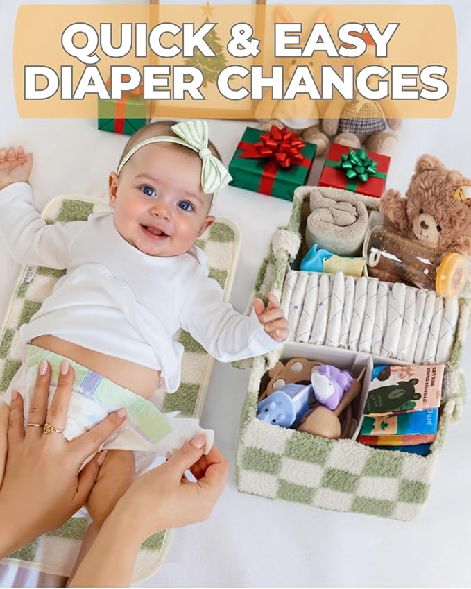 Checkered Diaper Caddy Organizer with Portable Changing Mat - Teddy Fleece Diaper Organizer for Changing Table - Caddy Organizer with Removable Dividers - Green and White