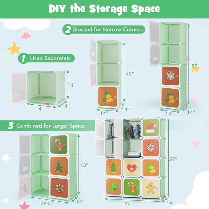 HONEY JOY Kids Wardrobe Closet, Baby Cartoon Clothes Storage Organizer, 12 Cubes & 2 Hanging Sections, Portable Children DIY Modular Bedroom Armoire Dresser Cabinet for Boys Girls (Green)