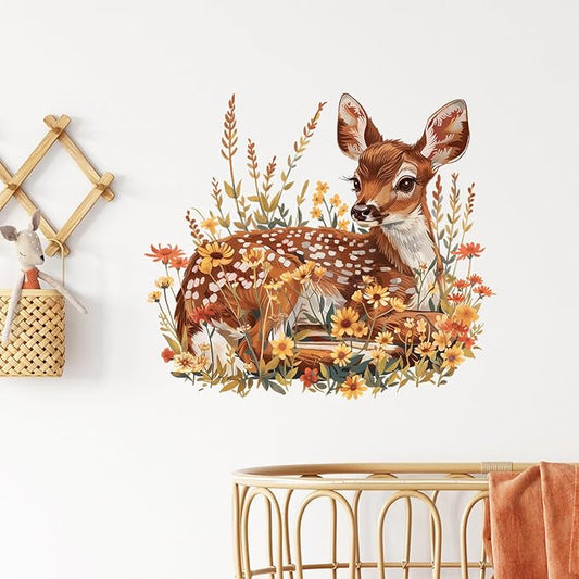 Cute Sitting Sika Deer with Flower Wall Decal Nursery Fawn Woodland Animal Wall Sticker Removable Peel and Stick Wall Art Decor for Kid Baby Classroom Preschool Living Room Bedroom School