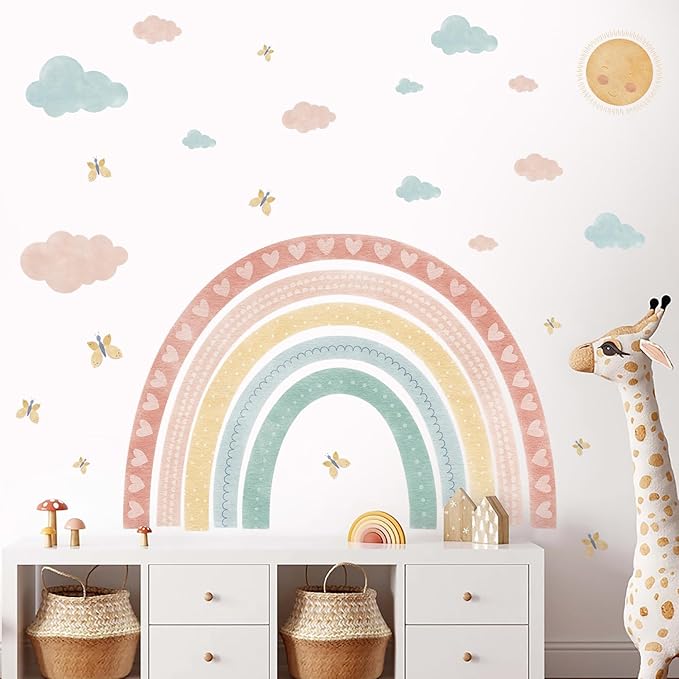 Large Rainbow Wall Decals for Kids 47.24 x 35.4 Inches- Large Peel and Stick Boho Rainbow Classroom Decor, for Toddler Girl Room Merry Christmas Wall Decal