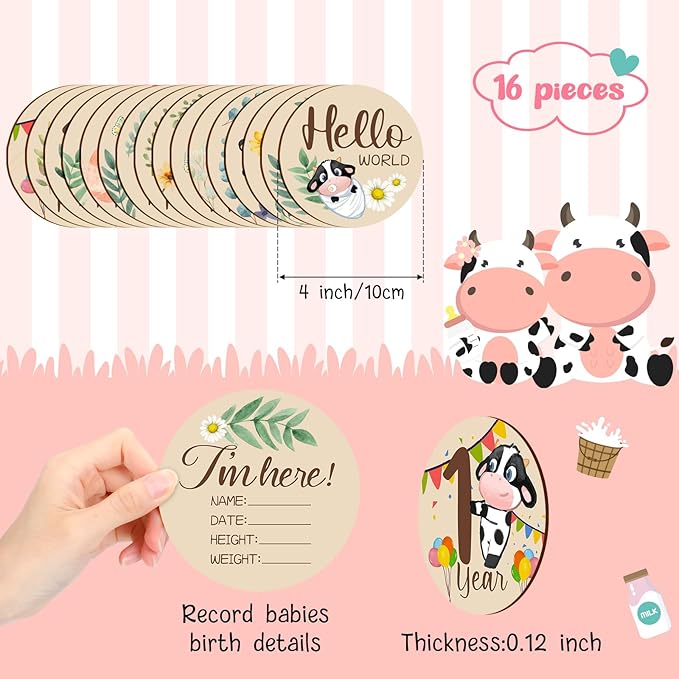Tiamon 16 Pieces Wooden Baby Monthly Milestone Cards Monthly Milestone Marker Discs Double Sided Wooden Circles Months Signs for Baby Shower Newborn Photo Props(Cow and Leaves)