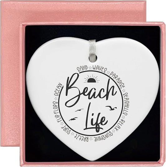 Heart Shaped Christmas Ornament-Beach Life Gift for Women-Sunset Ocean Seaside Vacation Present for Beach Lover Best Friend Sister Bestie Ceramic Keepsake with Gift Box
