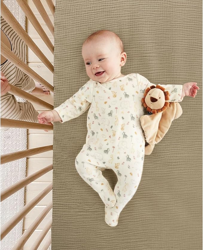 lulumoon Baby Crib Sheets Fitted: Soft Muslin Cotton Sheets for Standard Crib - Olive Floral for Girls 2Pack
