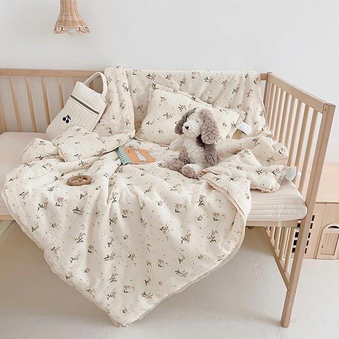 BuLuTu Cute Laurel Design Toddler Quilt Muslin Cotton Comforter Lightweight Soft Nursery Blankets Floral Beige Crib/Toddler Bed Quilted Blanket for Unisex Baby Boys Girls, 47"x59"