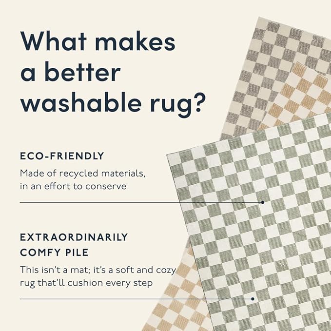 Revival Rugs Gambit 2'7"x9' Checkered Rug Machine Washable Runner Rug for Hallway Entryway - 100% Recycled Oeko-TEX Certified, Medium Pile, Green, Beige