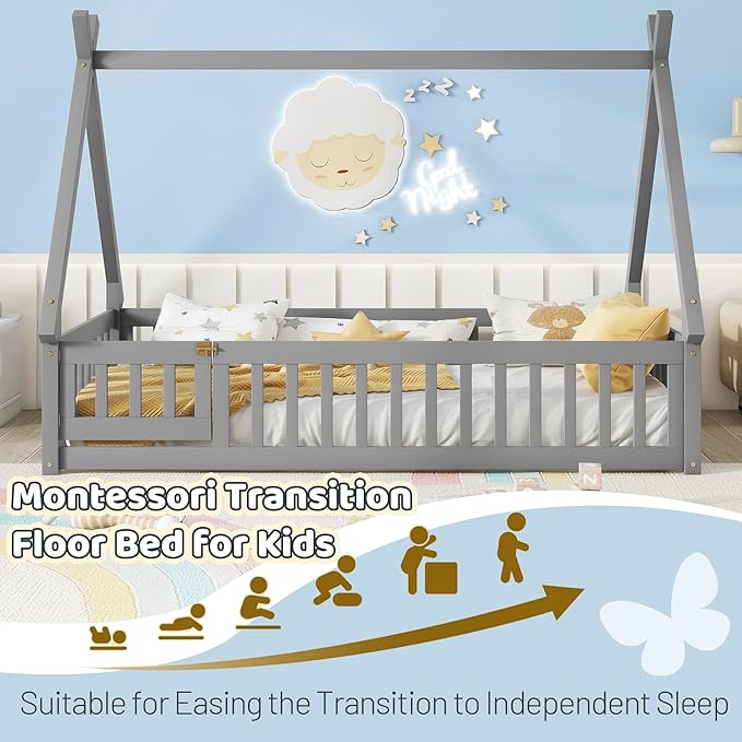 Twin House Bed Frame with Fence Rails and Door,Wood Montessori Floor Bed with Slats Support,Teepee Tent Beds Kids Bed Frames for Girls Boys, Grey