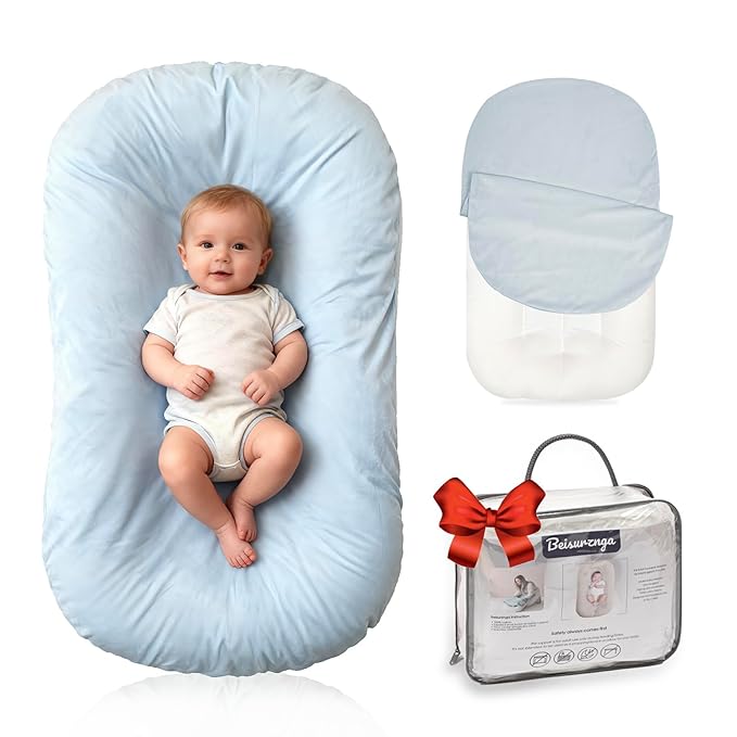 Baby Lounger for Newborn - Snuggle Cozy Me Lounger | Breathable Soft Cotton, 0-24 Months Portable Playtime Baby Nest, Newborn Baby Essentials Gifts- Blue (1 Lounger + 1 Cover)