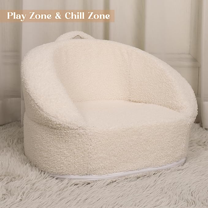 Mini Plush Teddy Bear Kids Sofa Chair - 17.3'' Compact Portable Toddler Chair with Carry Handle, Washable Cover, Safe Sturdy Design - Suitable for Boys and Girls - White