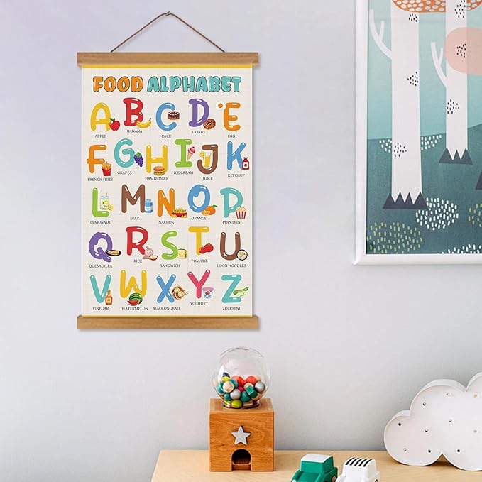 KAIRNE Food Alphabet Wall Decoration,Alphabet Poster,Colorful ABC Art Prints,ABC Canvas With Magnetic Hanger Frame(35”X56”),Educational Chart Wall Art for Toddler Classroom Kids Room Playroom Decor