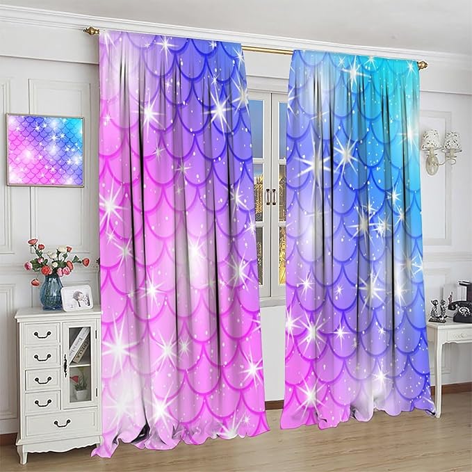 Mermaid Blackout Curtains, Kids Cartoon Blue and Pink Ocean Mermaid Scale Pattern Decoration for Girls Bedroom Nursery Curtains 52x84 Inch