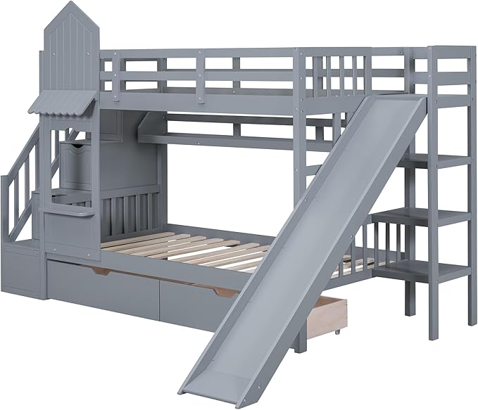 Full-Over-Full Castle Style Bunk Bed with 2 Drawers and 3 Shelves, Wood Bunk Bed Frame with Slide and Storage Staircase for Kids Teens Boys Girls, Maximize Space Savings