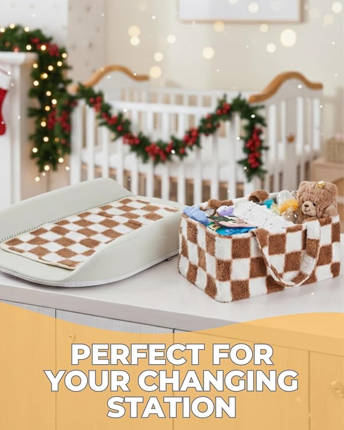 Checkered Diaper Caddy Organizer with Portable Changing Mat - Teddy Fleece Diaper Organizer for Changing Table - Caddy Organizer with Removable Dividers - Light Taupe and White