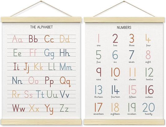 BONETAT Numbers alphabet poster for Nursery Toddlers,Correct Letter Formation on Line Paper, Play Room Wall Decor,ABC Wall Chart,Preschool Homeschool Decor Kids Wall Decor,Wooden Alphabet Banner-A04