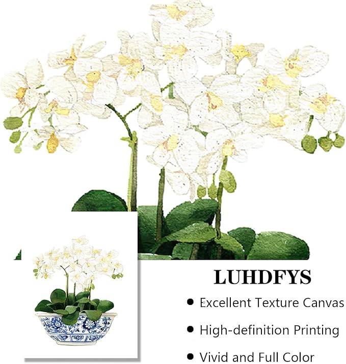White Orchid & Magnolia Watercolor Art Canvas Blue And White Chinoiserie Wall Art Print Oriental Vase Blue White Willow Style Porcelain Flower Jar Picture Poster Decor Unframed (12x16Inch Unframed)