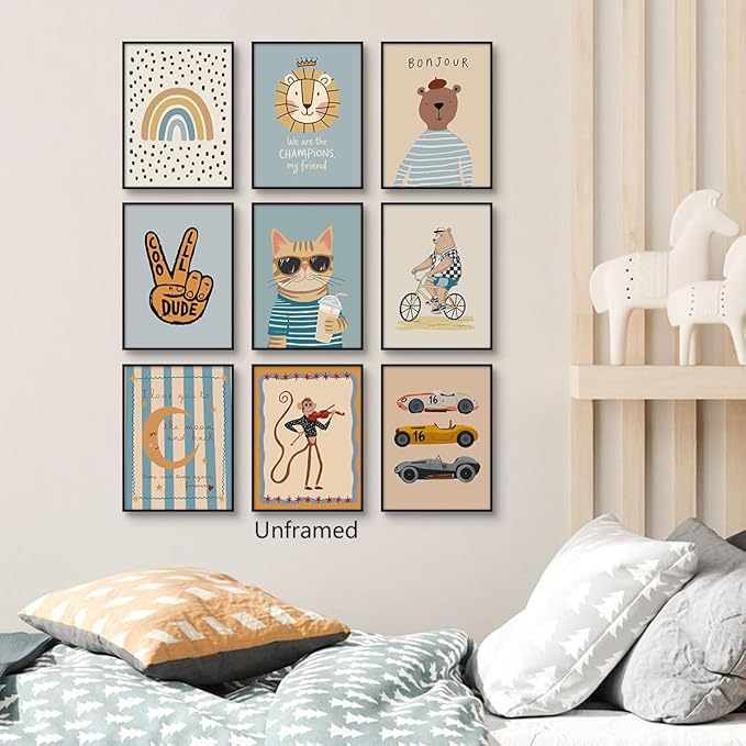 9 Pieces Nursery Canvas Wall Art, Cute Milkshake Cat Poster, Happy Bear and Violin Playing Monkey Kids Poster, Boys Playroom Cars Picture, Cozy Rainbow Dots and Smiling Moon Print 8x12in Unframed