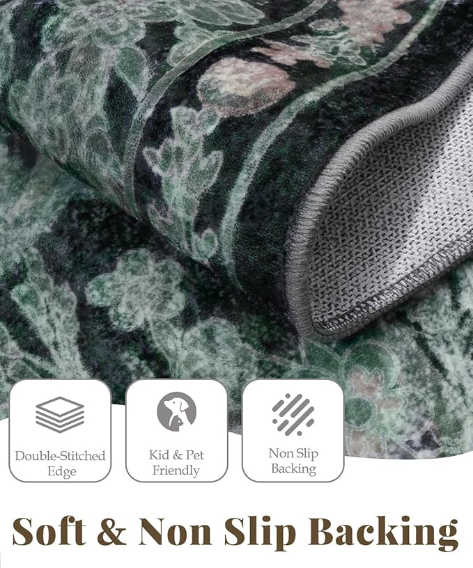 Dark Green Boho 5x7 Area Rugs for Bedroom Aesthetic, Washable Floral Rug for Living Room, Nursery - Low Pile Non Slip French Country Carpet for Dining Room Under Table - Botanical Mat for Indoor