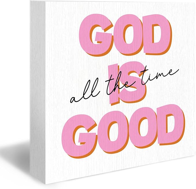 Christian Wood Box Sign - Inspirational Quotes Desk Shelf Decor, Bible Verse Decor, God is Good All the Time Pink Christian Wooden Block Plaque Box Sign for Teen Girl Room Dorm Decorations