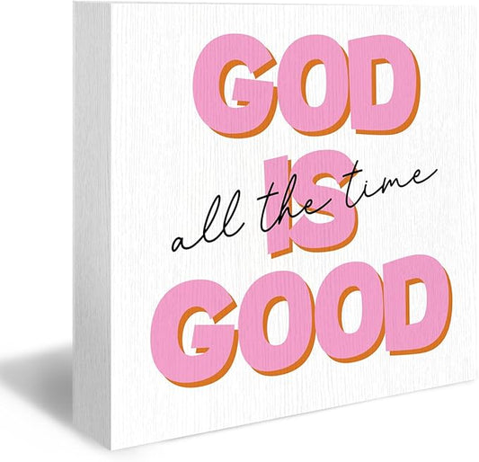 Christian Wood Box Sign - Inspirational Quotes Desk Shelf Decor, Bible Verse Decor, God is Good All the Time Pink Christian Wooden Block Plaque Box Sign for Teen Girl Room Dorm Decorations