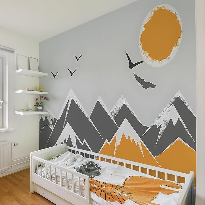 AM AMAONM 63x89.8inch Large Abstract Snowy Mountain Wall Decal, Warm Earth Tones, Watercolor Mountain Sun Wallpaper, Removable Wall Contact Paper Mural for Nursery Living Room Background