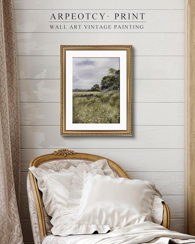 ARPEOTCY Vintage Gold Framed Large Wall Art, Farmhouse Meadow Landscape Country Painting, Canvas Prints with Antique Frame, Moody Victorian Wall Picture Decor for Living Room Gallery, 16x20 inch