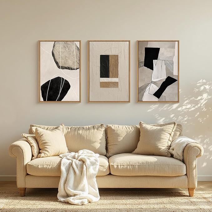 FWIEXA Large Neutral Abstract Wall Art Set of 3, Framed Modern Canvas Paintings for Living Room, Beige Black White Prints Artwork, 24x36 Inch Pictures Wall Decor for Bedroom, Bathroom, Hallway, Office