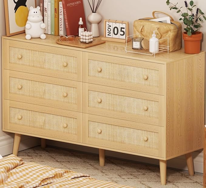 6 Drawer Dresser for Bedroom, 47.3" Rattan Chest of Drawers with Wooden Knobs, Natural Wood Dresser for Closet TV Stand Storage Organizer for Bedroom, Hallway, Office, Oak