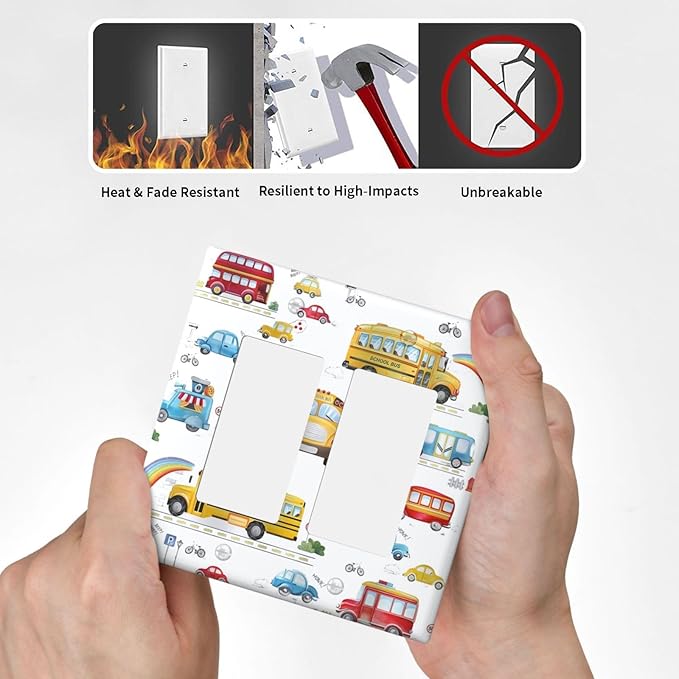 Kids Bus Taxi Truck Double Rocker Light Switch Cover 2 Gang Outlet Wall Plate Decorative GFCI Switchplate Electrical Faceplate for Nursery Kidsroom Bedroom Decor