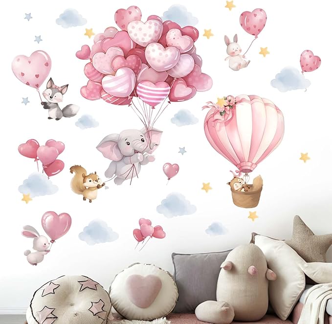 Animals Balloon Wall Stickers for Nursery: Baby Girls Kids Boys Bedroom Wall Decals - Pink Hot Air Balloon Elephant Fox