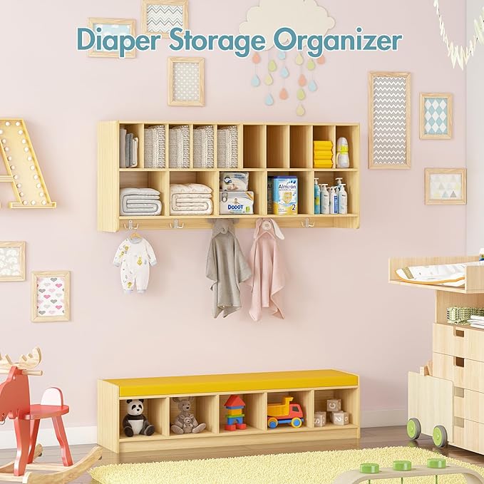 Wall Diaper Organizer for Daycares with Cubby Bench, Wooden Diaper Shelf with 5 Cubbies and 10 Small Storage, Daycare Cubbies for Nursery, Home, School