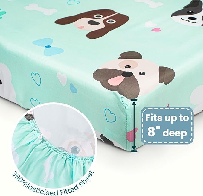 TinyPalsa Toddler Bedding Set, 4-Piece Puppy Dog Comforter Set for Girls and Boys, Breathable Crib Bedding Includes Ultra-Soft Plush Minky Comforter, Flat and Fitted Sheets, and Reversible Pillowcase