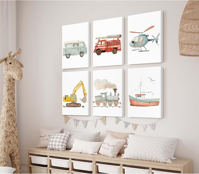 Car Wall Art Boys Room Canvas Wall Decor Nursery Prints Transportation Vehicle Wall Art Kids Toddler Posters Construction Truck Pictures Boy Nursery Artwork for Bedroom Playroom 8x10x6 Inch Framed