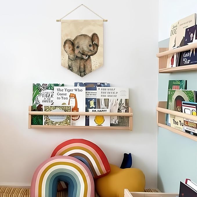 Safari Nursery Decor, Elephant Watercolor Wall Art Canvas Banner, Woodland Nursery Decor, Watercolor Animal for Toddler Room, Elephant Canvas Hanging Pennant Flag Banner, Gift for Baby Girl Boy