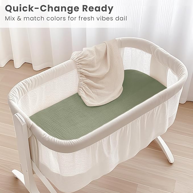 Konssy 2 Pack Muslin Bassinet Sheets for Baby Boy, 100% Cotton Soft Bedside Sleeper Bassinet Sheets, Compatible with Baby Delight, Dream On Me, AMKE and Other Rectangle Mattress (Fog Green,Cream)